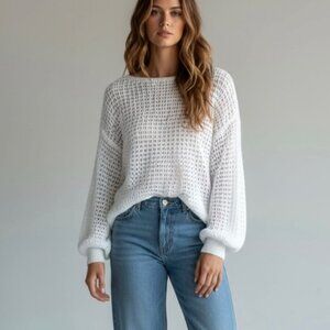 NEW Open Knit Sweater Sz L White Wool Blend Soft Fluffy Boho Minimalist